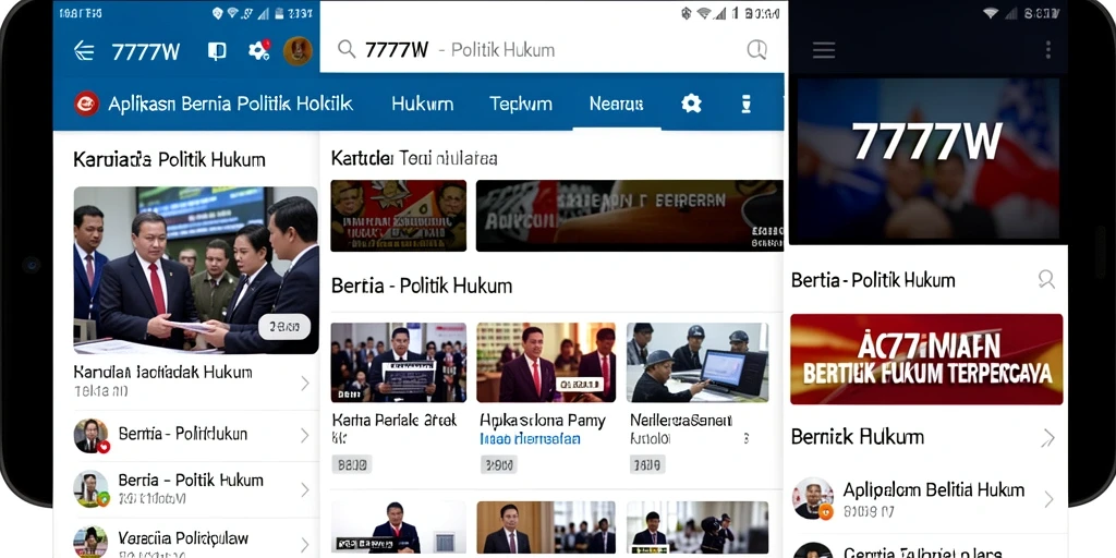 Antarmuka aplikasi 7777W yang menampilkan berita hukum dan politik terbaru.