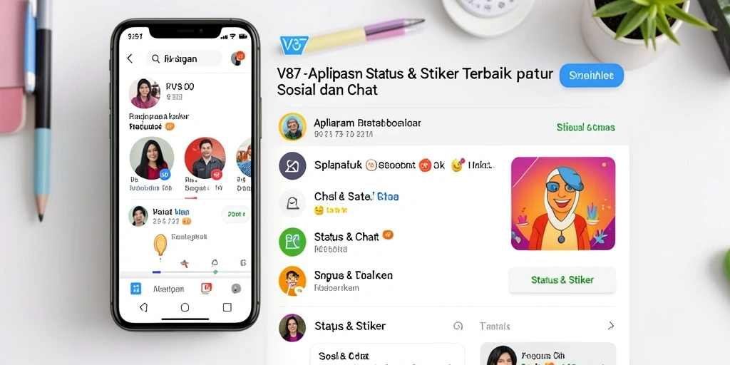 Tampilan antarmuka V87 yang menarik dengan berbagai stiker dan status.